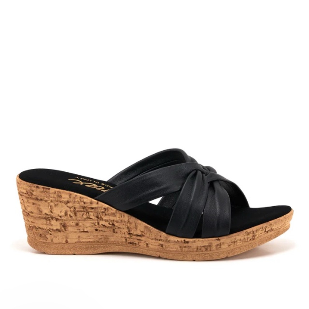 Onex Black Wedge Slide Sandals with Cork Platform Style Gayle Size 7 like new